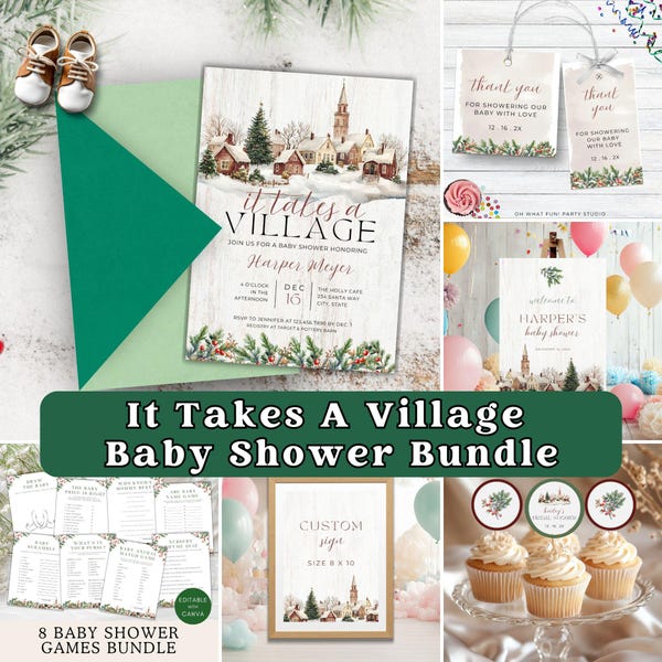 Paquete para baby shower "It Takes A Village", Baby Shower de jengibre "It Takes A Village", Invitación para baby shower "It Takes A Village", Invitación navideña