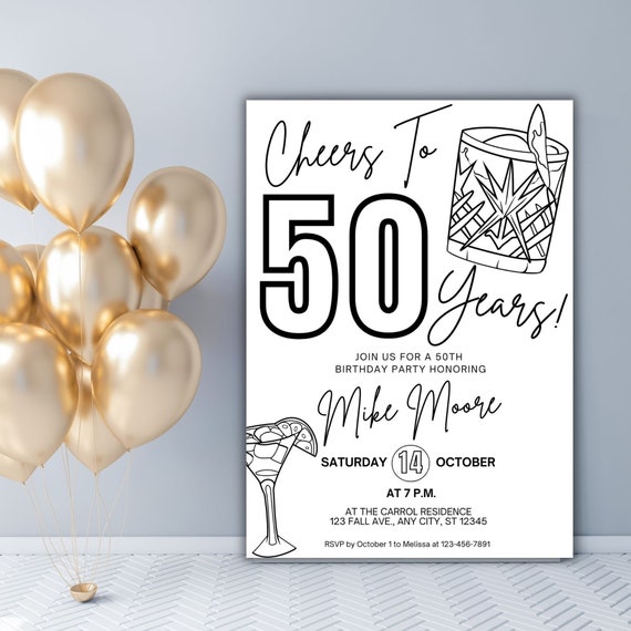 Men's 50th Birthday Invitation, 50 Year Old Birthday Invitation Male, Minimalist 50th Birthday Invite Glass,50th Birthday Invitations Classy