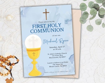 First Holy Communion Invitation Boy, First Holy Communion Invitation Simple, Light Blue Watercolor First Communion Invitation Template