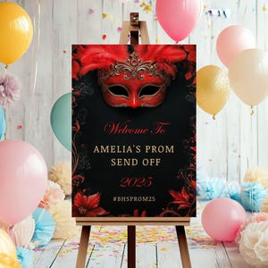 Red and Black Masquerade Welcome Sign, Masquerade Ball Invitation, Halloween Party Gothic Masquerade Invite, Masquerade Ball Invitation Sign