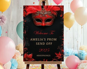 Letrero de bienvenida para baile de máscaras rojo y negro, invitación para baile de máscaras, invitación para fiesta de Halloween de baile de máscaras gótico, letrero de invitación para baile de máscaras