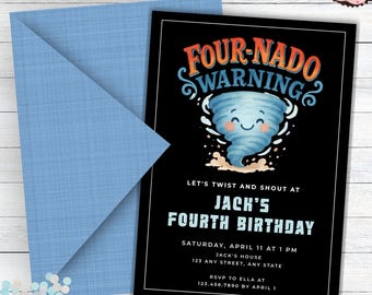 Fournado Birthday Invite Boy, Fournado Birthday Invite,Tornado Birthday Invitation, Tornado Birthday Party Invitation,Fourth Birthday Invite