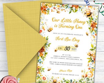 First Bee Day Invitation, First Bee-Day Bundle, Editable 1st Birthday Party Invite, Cute Bumble Bee Theme, Sweet As Can Bee Birthday Invite