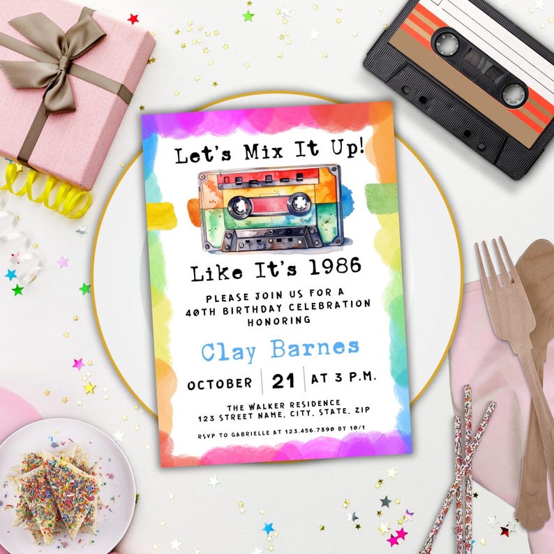 80s Theme 40th Birthday Invitation, Mixtape 40th birthday invitation, 80s Party Invitation Canva, Retro Party Flyer image 3