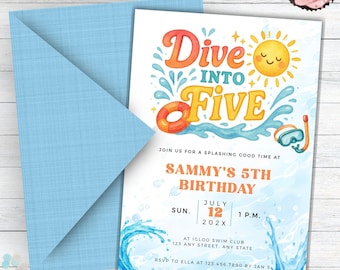 May include: A light blue envelope and a matching invitation card with the text "Dive Into Five" and details for a 5th birthday party. The invitation features a sun, waves, a life preserver, and a snorkel. A cupcake with pink frosting is in the background.