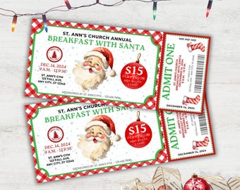 May include: A red and green ticket with a white background for a church's annual breakfast with Santa. The ticket features a picture of Santa Claus with a white beard and a red hat. The text on the ticket reads "St. Ann's Church Annual Breakfast with Santa" and "Dec. 14, 2024 9 AM - 12 PM".
