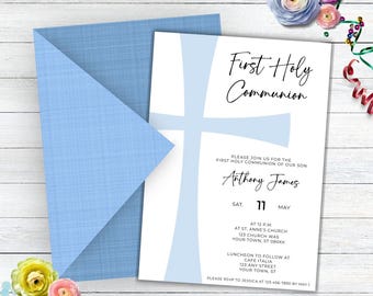 Minimalist First Holy Communion Invitation For Boys, First Communion Save The Date, First Communion Invitation Digital Boys,Communion Invite
