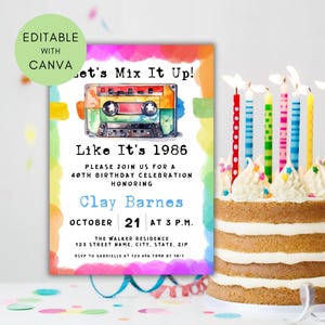 80s Theme 40th Birthday Invitation, Mixtape 40th birthday invitation, 80s Party Invitation Canva, Retro Party Flyer image 7