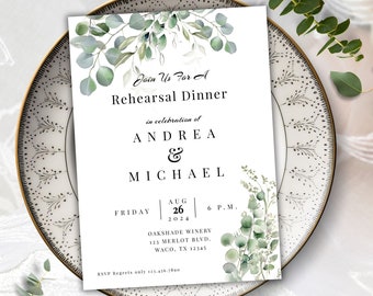 May include: A white card with green foliage border, announcing a rehearsal dinner for Andrea & Michael on Friday, August 26, 2024 at 6 p.m. at Oakshade Winery, 123 Merlot Blvd., Waco, TX 12345. RSVP regrets only 123.456.7800.