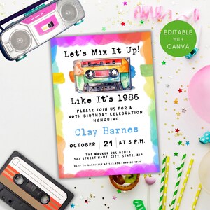80s Theme 40th Birthday Invitation, Mixtape 40th birthday invitation, 80s Party Invitation Canva, Retro Party Flyer image 2