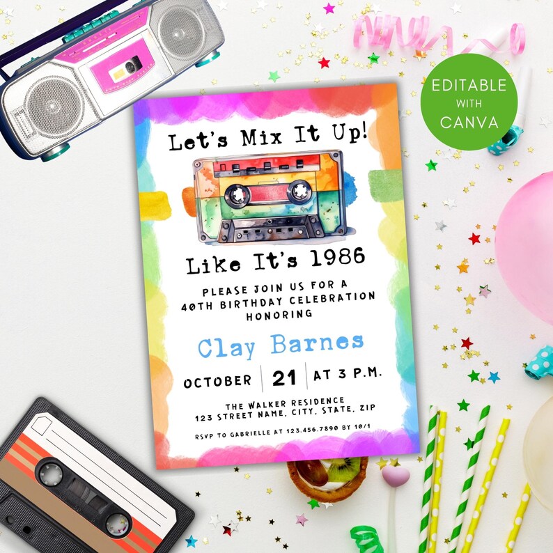 80s Theme 40th Birthday Invitation, Mixtape 40th birthday invitation, 80s Party Invitation Canva, Retro Party Flyer image 2