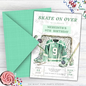 Mädchen Hockey Geburtstagseinladung, bearbeitbare digitale Hockey Geburtstagseinladung, Hockey Ticket, 9 Jahre altes Mädchen Geburtstagseinladungsvorlagen