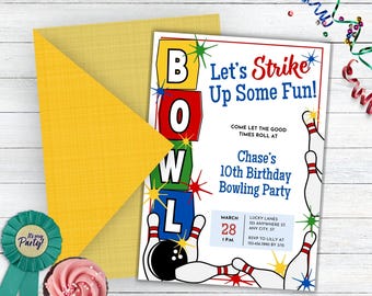 Bowling Party Invitation For Boys, Bowling Party Invite For Adults, Bowling Birthday Invitation Retro, Arcade and Bowling Invitation Canva