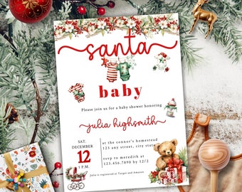 May include: A white baby shower invitation with a red and green watercolor floral border. The text "santa baby" is written in red cursive. The invitation includes details for a baby shower honoring Julia Highsmith, including the date, time, location, and RSVP information.