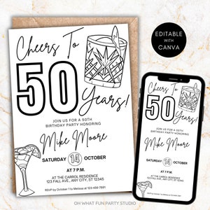 May include: Black and white printable invitation for a 50th birthday party. The invitation features a cocktail glass and the text "Cheers to 50 Years!"  Join us for a 50th birthday party honoring Mike Moore. Saturday, October 14th at 7 p.m. at the Carroll Residence, 123 Fall Ave., Any City, ST 12345. RSVP by October 1 to Melissa at 123-456-7891.  Oh What Fun Party Studio.