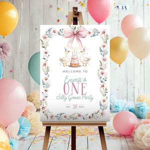 One Silly Goose Welcome Sign,One Silly Goose Birthday Invitation,1st Birthday One Silly Goose Sign, Floral Silly Goose First Birthday Bundle