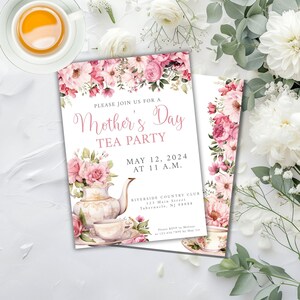 May include: A pink and white floral invitation for a Mother's Day Tea Party. The invitation features a teapot and teacup with floral accents. The event is scheduled for May 12, 2024 at 11 a.m. at the Riverside Country Club, 123 Main Street, Tabernacle, NJ 08088. Please RSVP to Melissa at 123.456.7890 by May 1st.