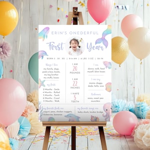 May include: A personalized mermaid-themed first birthday sign on an easel. The sign includes the child's photo, weight (20 pounds), height (22 inches), and favorite things. Balloons in pink, gold, and yellow surround the sign.