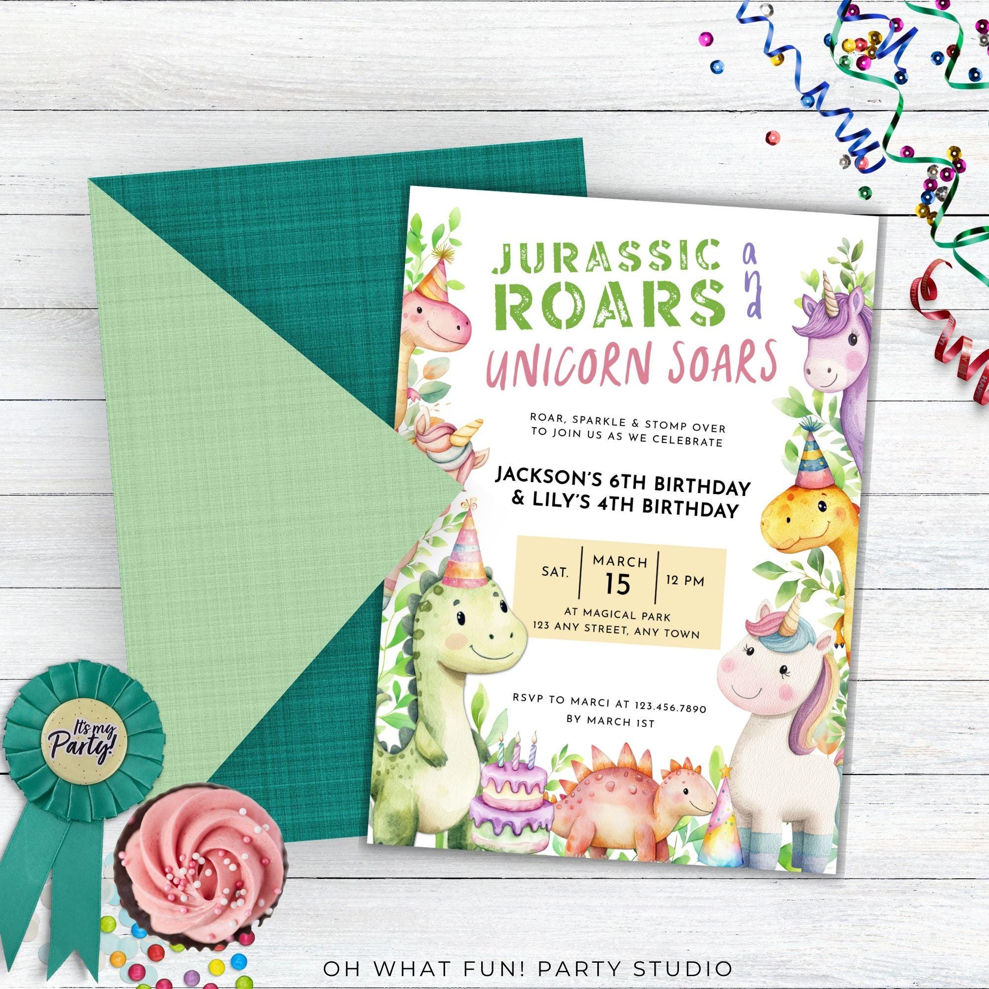 Unicorn Dinosaur Birthday Invitations, Unicorn Dinosaur Twin Birthday Party Invitation,Twin Boys Birthday Theme, Twins First Birthday Invite