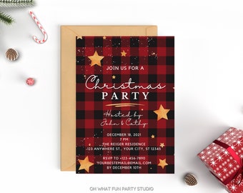 May include: Red and black buffalo plaid Christmas party invitation with gold stars. The text reads "Join us for a Christmas Party", "Hosted by John & Cathy", "December 18, 2021", "7 PM", "The Reiger Residence", "123 Anywhere St., Your City, ST 12345", "RSVP to +123-456-7890", "YourbestEmail@Email.com", "By December 10th", and "Oh What Fun Party Studio".