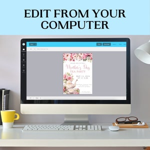 May include: A computer screen displaying a printable Mother's Day tea party invitation with pink floral designs. The invitation text reads "Please join us for a Mother's Day Tea Party, May 12, 2024 at 11 A.M."