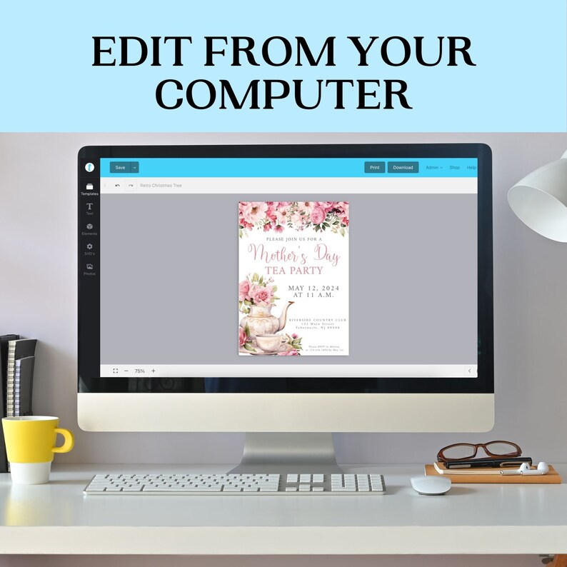 May include: A computer screen displaying a printable Mother's Day tea party invitation with pink floral designs. The invitation text reads "Please join us for a Mother's Day Tea Party, May 12, 2024 at 11 A.M."