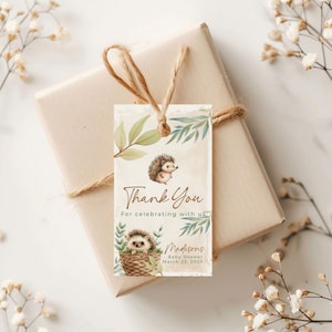 Etiqueta de agradecimento para chá de bebê para impressão de ouriço, conjunto de convites para chá de bebê Boho Woodland, etiqueta de presente para chá de bebê de ouriço