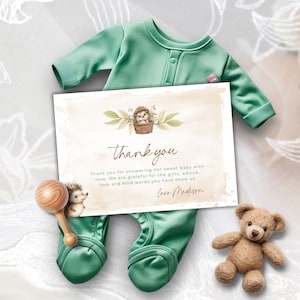 Convites para chá de bebê para impressão de ouriço, cartão de agradecimento, conjunto de convites para chá de bebê Boho Woodland, chá de bebê ouriço, obrigado