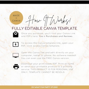 May include: A digital illustration of a gold marble background with a white text box that says "How It Works!" and "FULLY EDITABLE CANVA TEMPLATE". Below the text box are four icons with instructions on how to use a Canva template. The icons are a shopping bag, a download arrow, a computer monitor, and a printer. The text below the icons says "Once you purchase, you'll find your Canva Link and PDFs here: You > Purchases and Reviews", "To access the Canva template link, open your PDF, click access Canva template.", "Open the Canva link and edit directly on your computer, tablet or phone. No software needed! You can even use the FREE Canva version.", and "Download your print-ready PDF. Print at home or send your printable product to a printing service. THIS PRODUCT IS FOR PERSONAL USE ONLY. TEMPLATE CANNOT BE RESOLD."