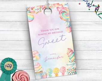 May include: A pink and blue thank you tag with a watercolor design of candy and sweets. The text reads "Thank you for making my birthday sweet. Love, Jennifer".
