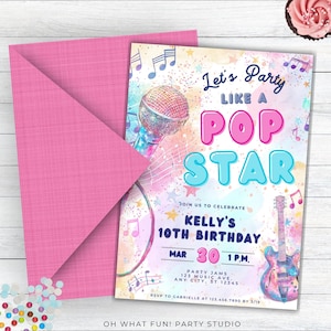 Party Like A Pop Star Invitation, Pop Star Birthday Invitation Canva, Rock And Roll Kid Party Invite, 80s Birthday Invite, Pop Star Party