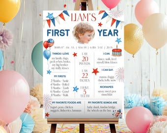 Letrero de hito para un niño estadounidense, paquete para un niño estadounidense, primer cumpleaños para un niño estadounidense, paquete de invitación para el primer cumpleaños del 4 de julio