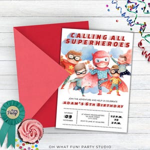 Modelo de convite de aniversário de super-heróis editável, convite para festa de aniversário para impressão, modelo de convite para festa infantil, cartão de aniversário de super-herói