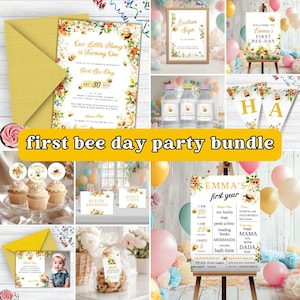 First Bee Day Invitation Bundle, First Bee-Day Welcome Sign, Cute Bumble Bee Theme, Sweet As Can Bee Birthday Invite, Bee First Birthday Tag