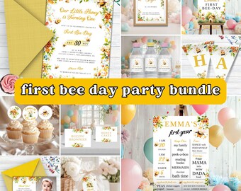 First Bee Day Invitation Bundle, First Bee-Day Welcome Sign, Cute Bumble Bee Theme, Sweet As Can Bee Birthday Invite, Bee First Birthday Tag