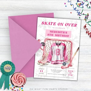 Mädchen Hockey Geburtstagseinladung, bearbeitbare digitale Hockey Geburtstagseinladung, Hockey Ticket Einladung, 8. Geburtstag Schlittschuh einladen