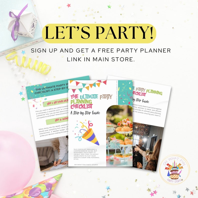 May include: Three printable checklists for party planning, with a colorful confetti background. The checklists are titled "The Ultimate Party Planning Checklist: A Step-by-Step Guide".
