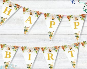 First Bee Day-slinger, First Bee-Day-bundel, bewerkbare 1e verjaardag bijenbanner, schattig hommelthema, Sweet As Can Bee-verjaardagsbundel