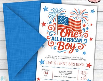 One All American Boy Birthday Party, One All American Boy Invitation, All American Boy 1st Birthday, Fourth Of July First Birthday Invite