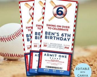 Invitación de béisbol para el sexto cumpleaños, invitación con boleto con temática de béisbol, invitación de cumpleaños de béisbol Canva, invitación a fiesta de béisbol de fin de temporada