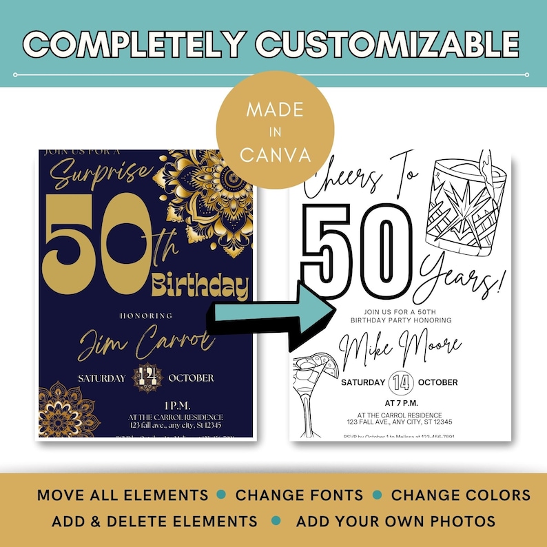 May include: Two customizable 50th birthday party invitations. The first invitation is navy blue with gold accents and features a mandala design. The second invitation is black and white with a cocktail glass design. Both invitations include the text "Join us for a 50th birthday party honoring [name]" and the date and time of the party.