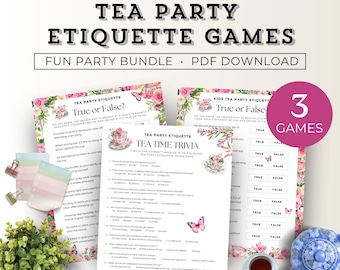 Könnte beinhalten: Ein Tee-Party-Etikette-Spiel-Bundle mit drei Spielen, darunter "Wahr oder Falsch" und "Tea Time Trivia". Die Spiele haben Blumen- und Schmetterlingsdesigns mit einem rosa-weißen Farbschema. Das Bundle ist ein PDF-Download.