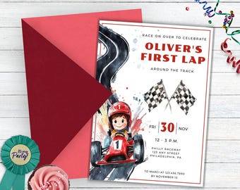 First Lap Around The Track Birthday Invite, Race Car Birthday Invitations with Pictures, Race Car 1st Birthday Invitation,First Birthday Boy