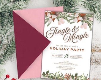 Jingle & Mingle Weihnachtsfeier-Einladung, Jingle and Mingle Greenery Weihnachtsfeier-Einladung, ausgefallene Weihnachtsfeier-Einladung, Weihnachtsfeier