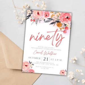 90th Birthday Invitation Rustic, 90th Birthday Party, 90th Birthday Invitation for Her, Editable 90 Years Loved Birthday Invitation Template