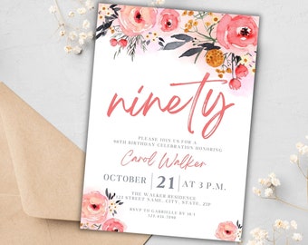 90th Birthday Invitation Rustic, 90th Birthday Party, 90th Birthday Invitation for Her, Editable 90 Years Loved Birthday Invitation Template