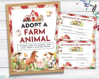 Adopt A Farm Animal Zertifikat, Adopt A Farm Animal Schild, Bauernhof Geburtstag Ausdrucken, Farm Geburtstagsparty Zeichen, Adopt A Haustier Party Geschenk