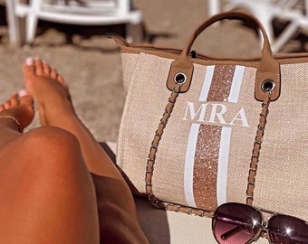 Beautiful tan zip up handbag beach bag with white and rose gold. personalised initials perfect for travel. Summer.