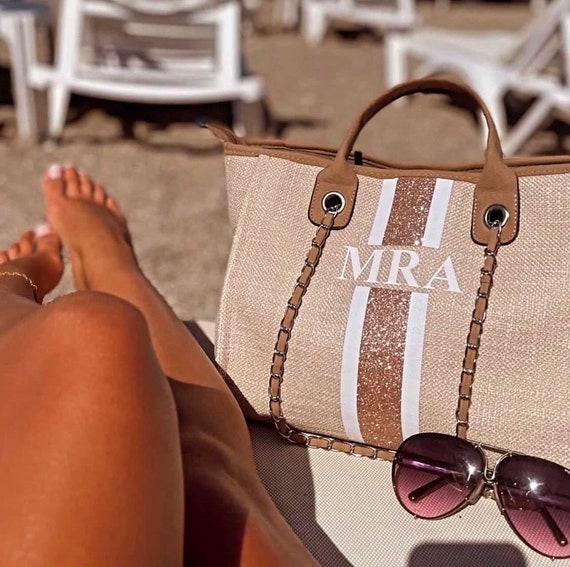 Beautiful Tan Zip up Handbag Beach Bag With White and Rose Gold. Personalised Initials Perfect for Travel. Summer. Etsy UK