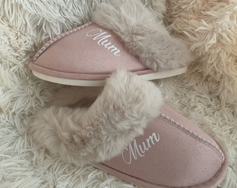 Fluffy pink cosy slippers. Mum, Mother’s Day gift. Nan. Personalised.